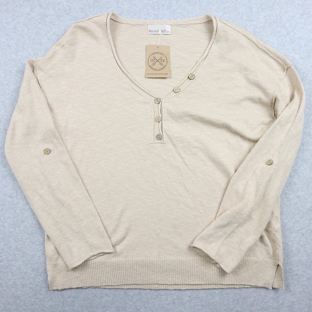 Becool Henley Sweater Womens Small Lightweight Knit V-Neck Beige Long Sleeve NWT